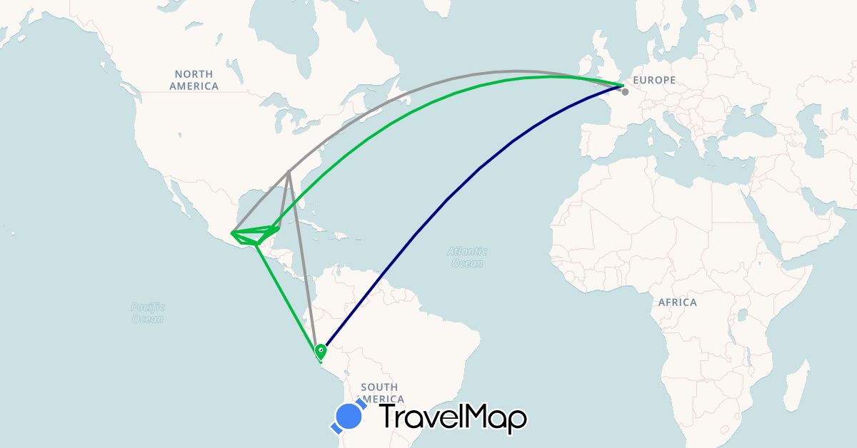TravelMap itinerary: driving, bus, plane in France, Mexico, Peru, United States (Europe, North America, South America)